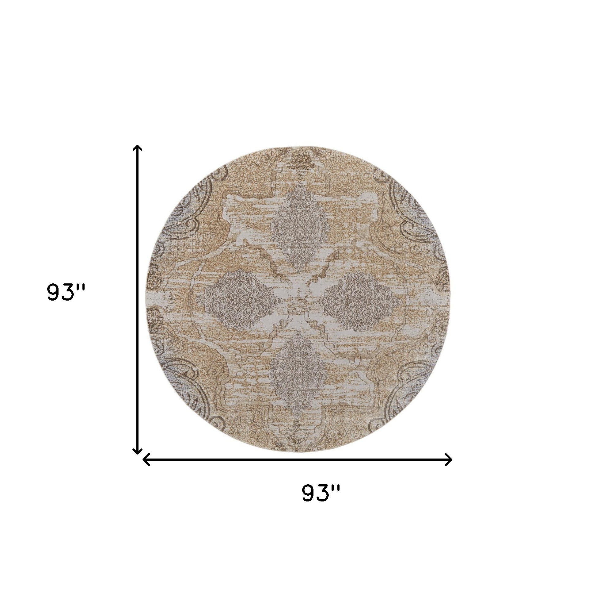 8" Gray and Brown Round Medallion Power Loom Distressed Area Rug