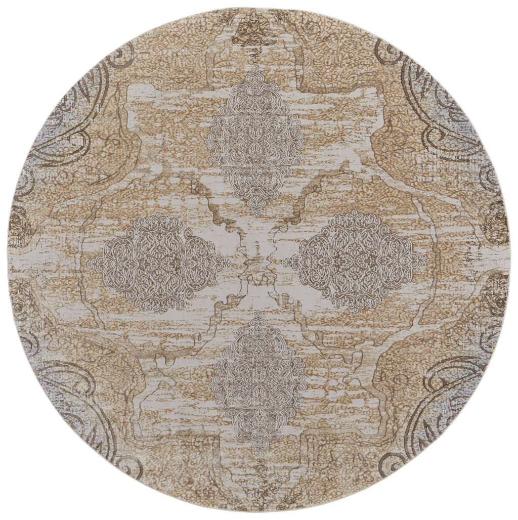 8" Gray and Brown Round Medallion Power Loom Distressed Area Rug