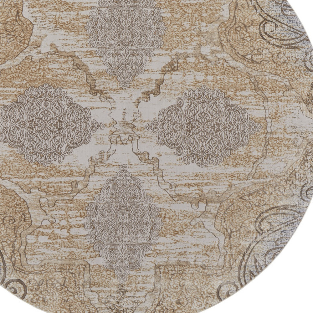 8" Gray and Brown Round Medallion Power Loom Distressed Area Rug