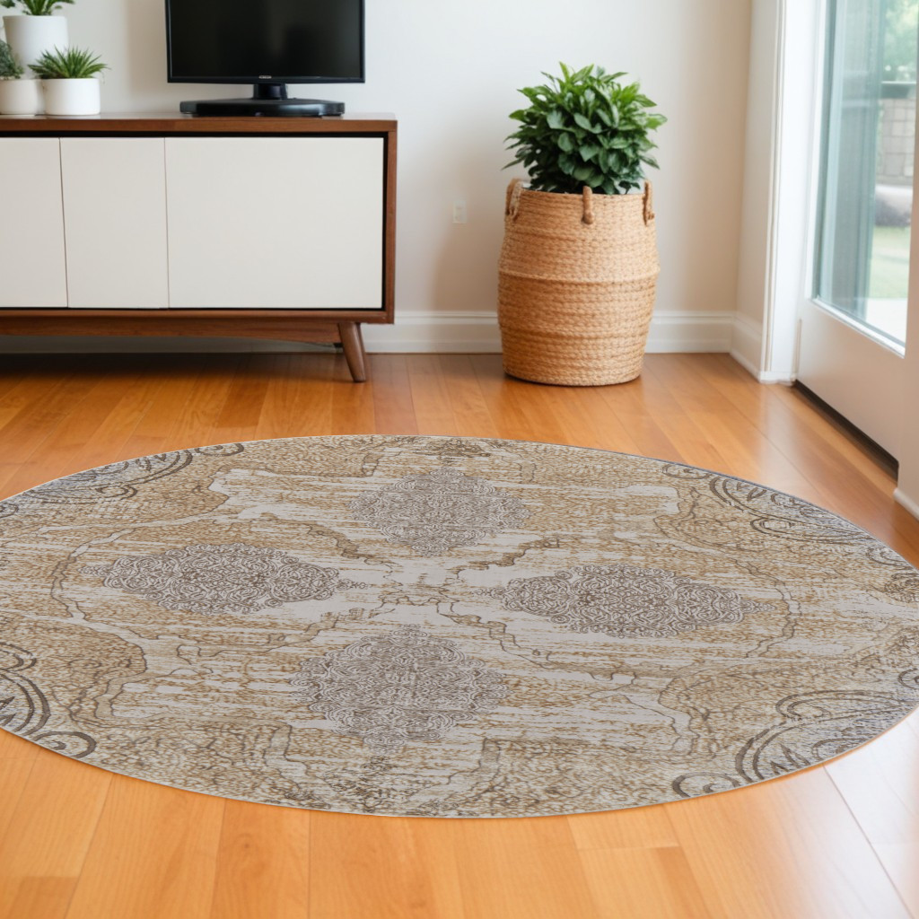 8" Gray and Brown Round Medallion Power Loom Distressed Area Rug
