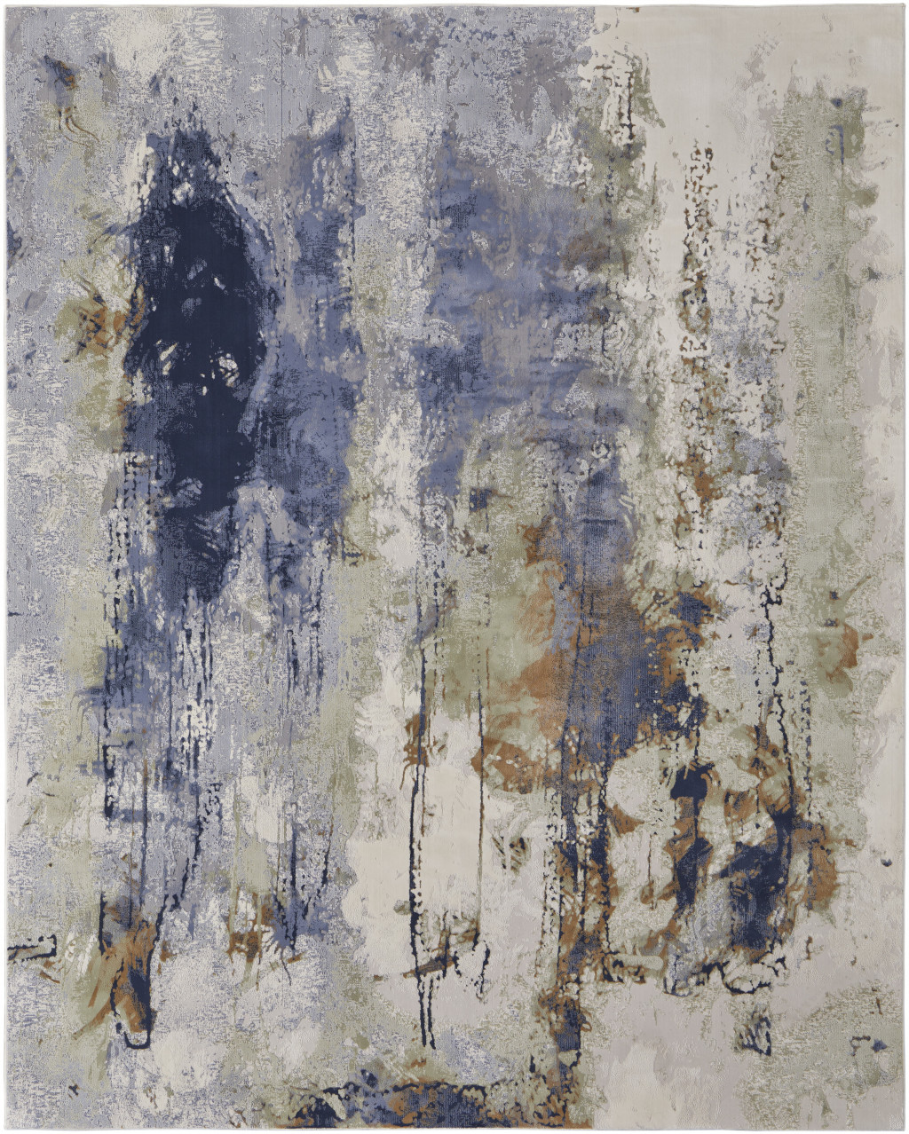 9" X 12" Blue Orange And Ivory Abstract Power Loom Area Rug