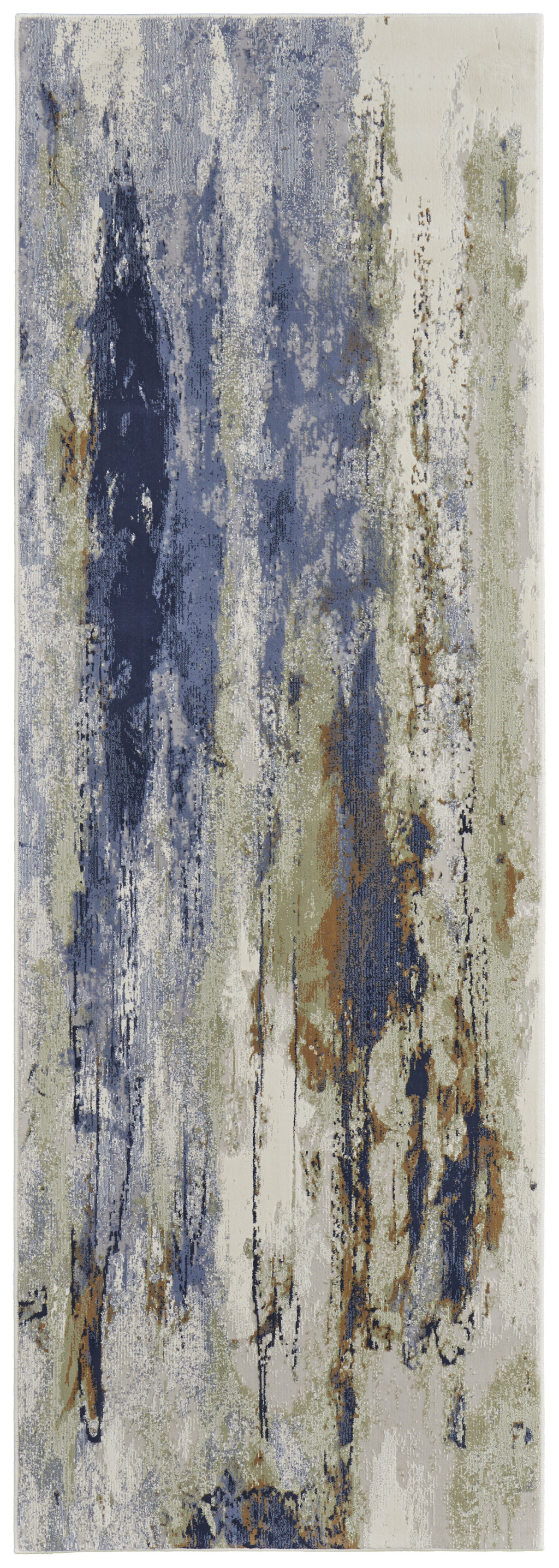8" Blue Orange And Ivory Abstract Power Loom Runner Rug