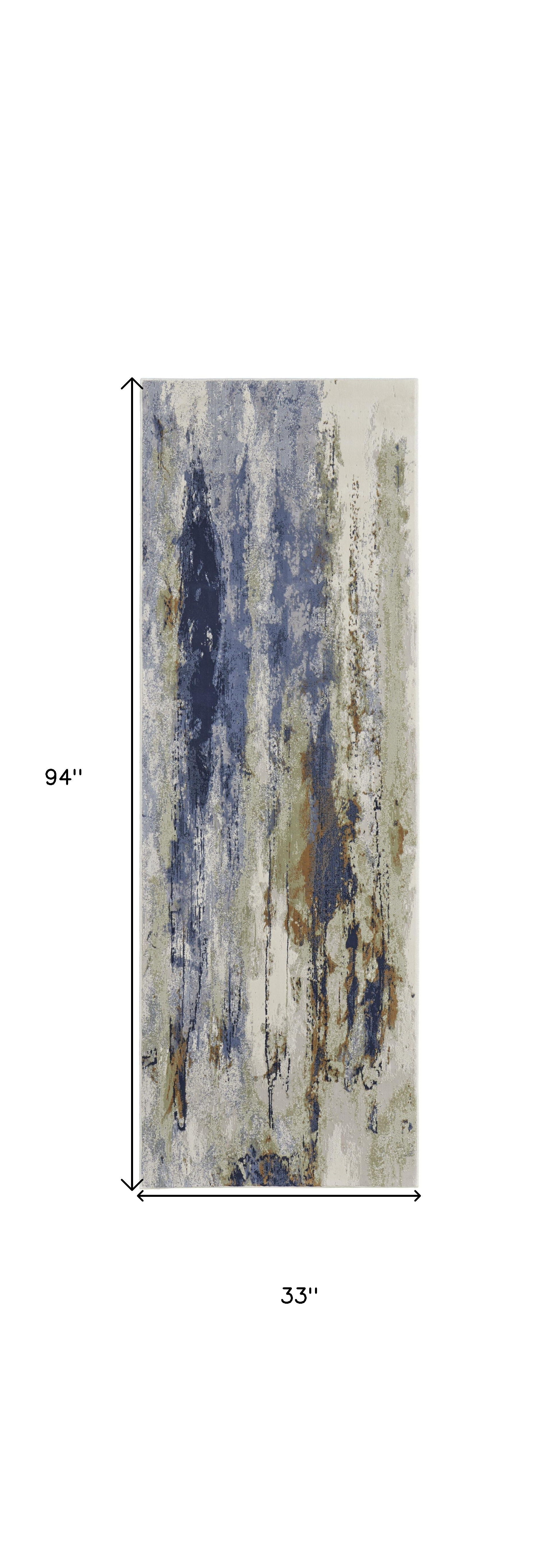 8" Blue Orange And Ivory Abstract Power Loom Runner Rug