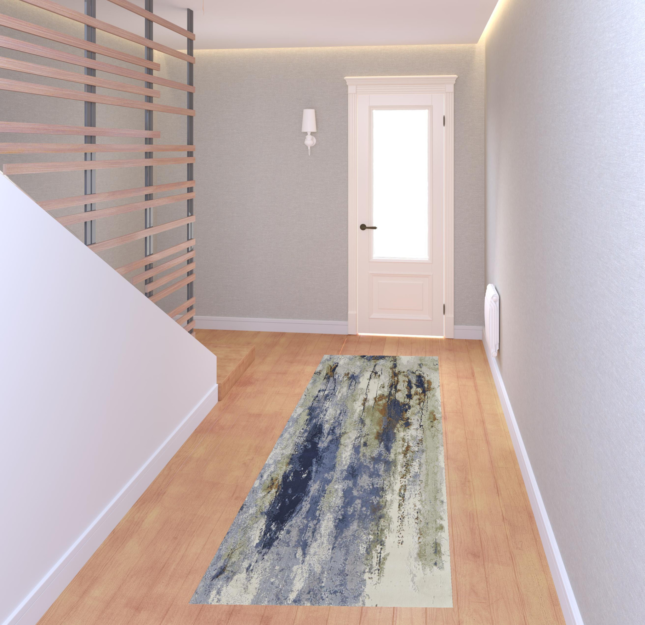 8" Blue Orange And Ivory Abstract Power Loom Runner Rug