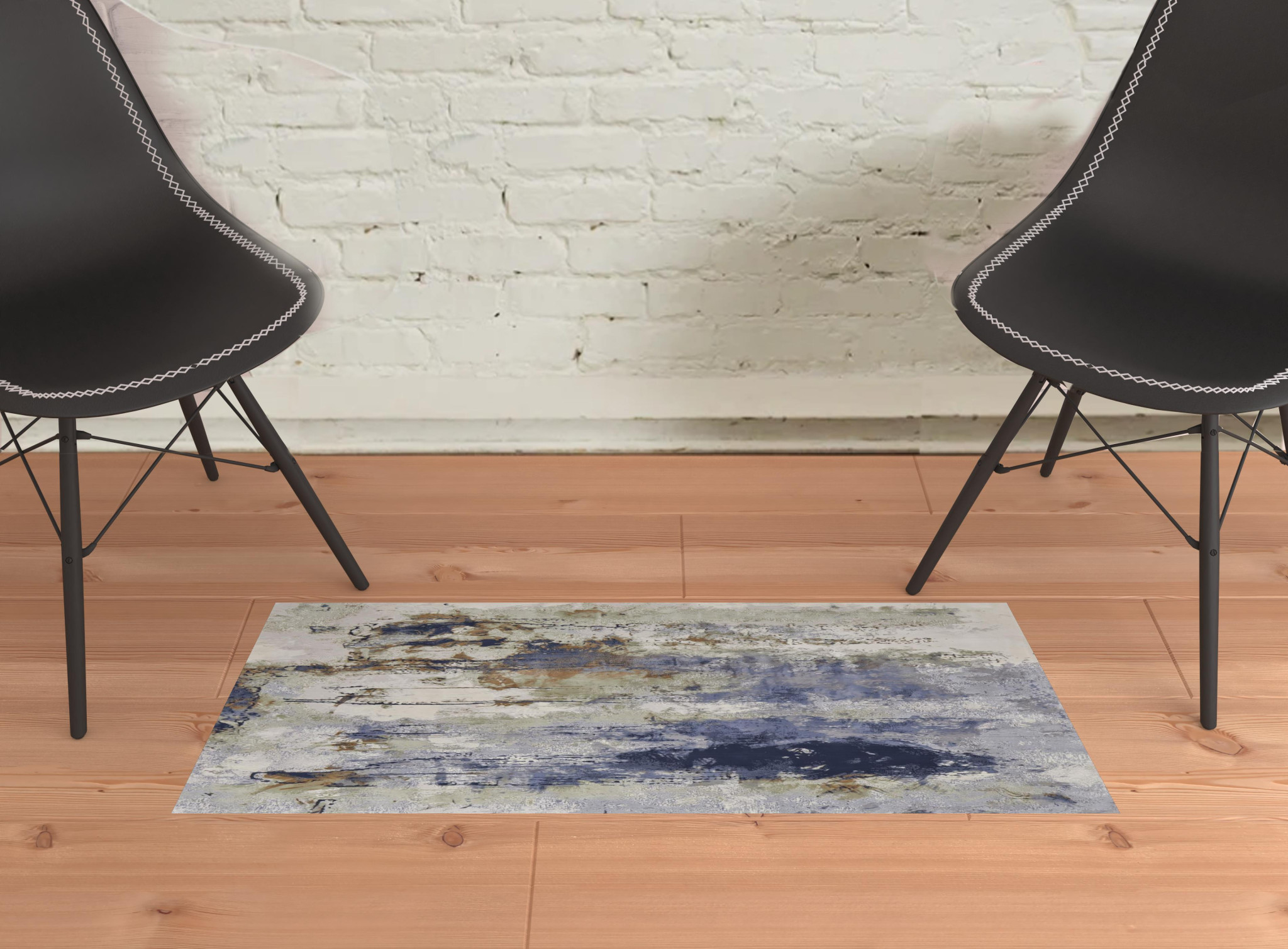 2" X 3" Blue Orange And Ivory Abstract Power Loom Area Rug