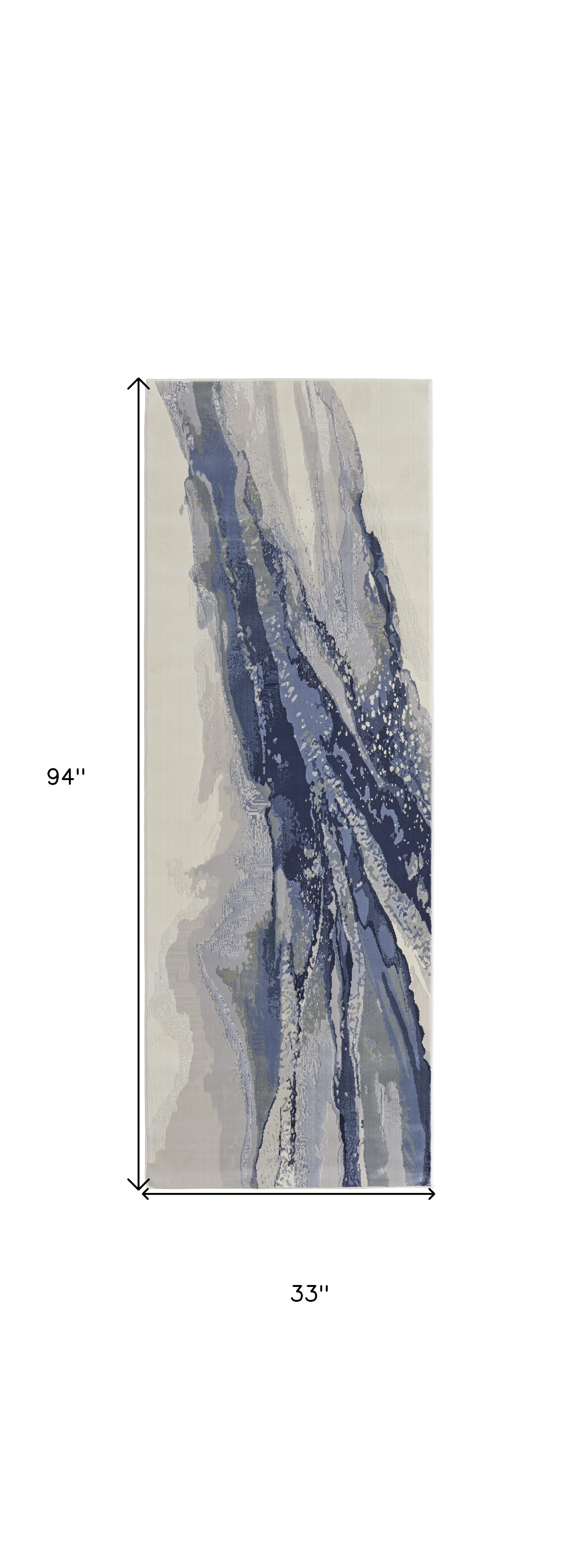 8" Blue Gray And Ivory Abstract Power Loom Runner Rug