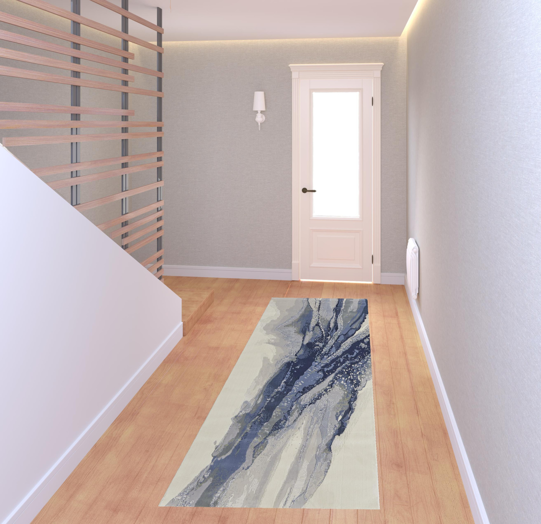 8" Blue Gray And Ivory Abstract Power Loom Runner Rug