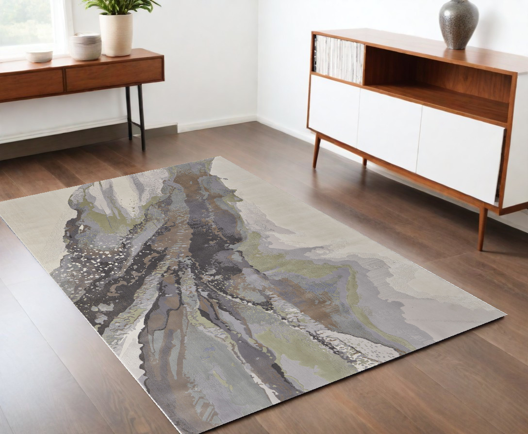 4" X 6" Green and Brown Abstract Power Loom Area Rug