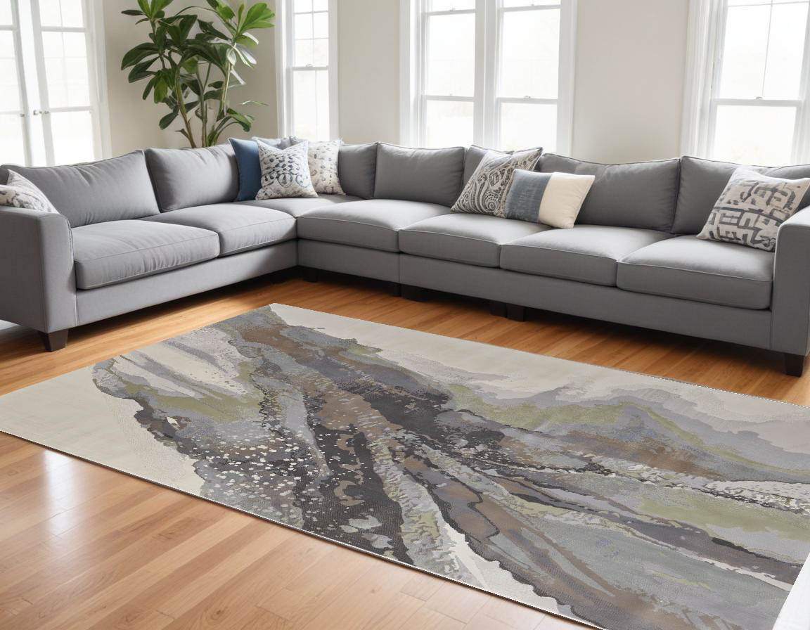 8" X 10" Green and Brown Abstract Power Loom Area Rug