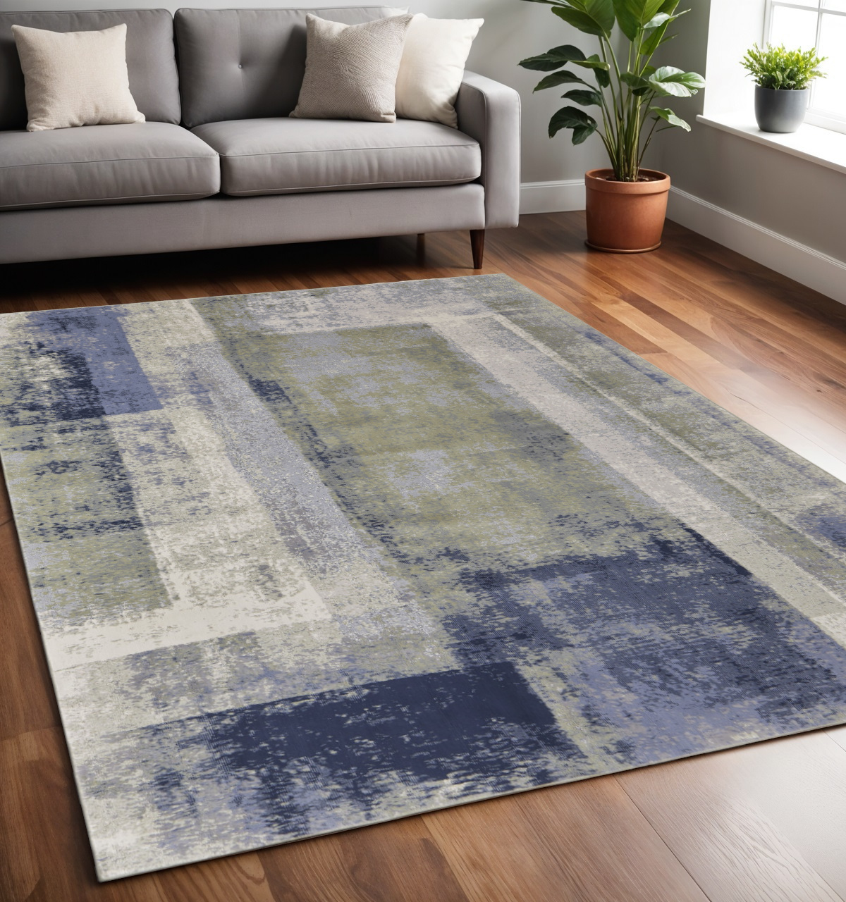 5" X 8" Blue and Ivory Abstract Power Loom Distressed Area Rug