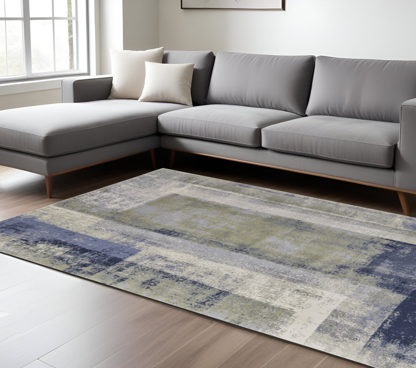 8" X 10" Blue and Ivory Abstract Power Loom Distressed Area Rug