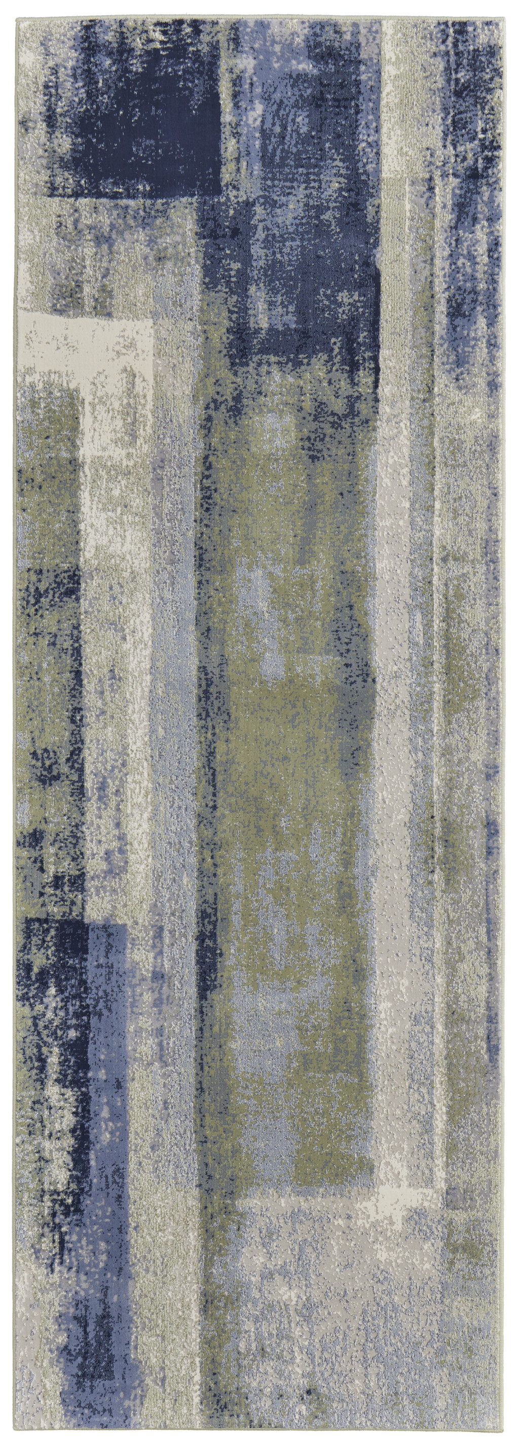 8" Blue Green And Ivory Abstract Power Loom Distressed Runner Rug