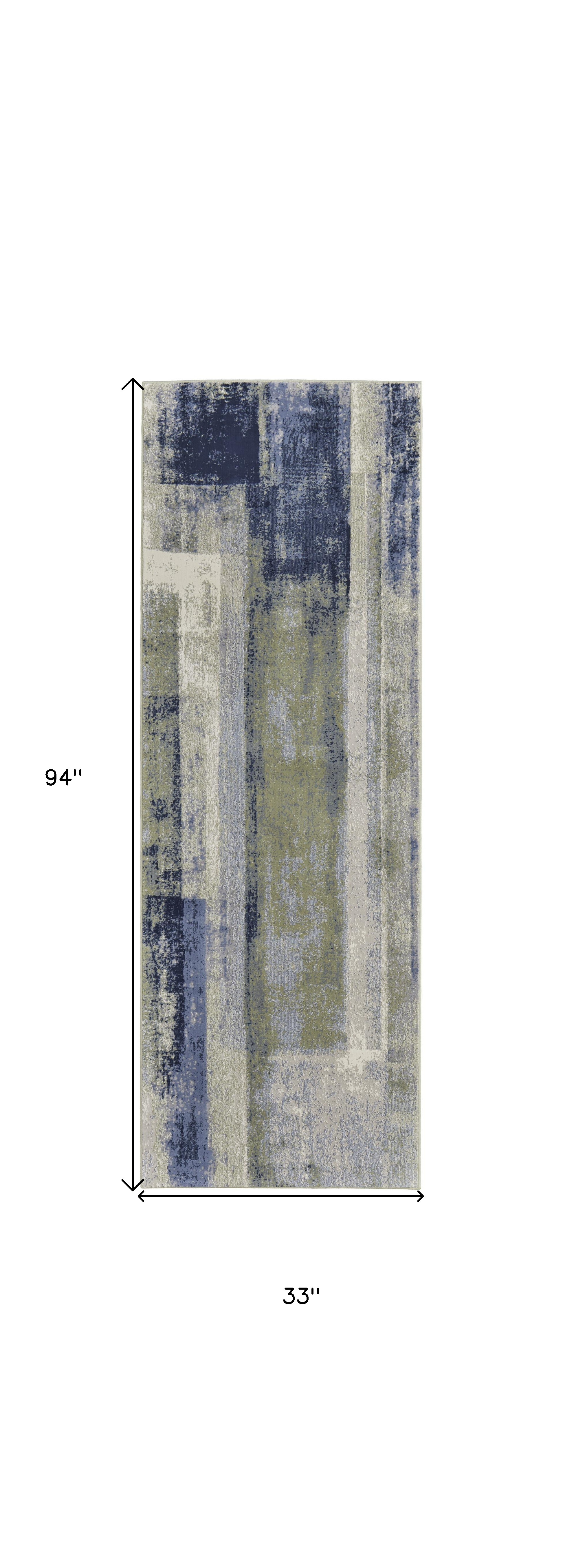 8" Blue Green And Ivory Abstract Power Loom Distressed Runner Rug