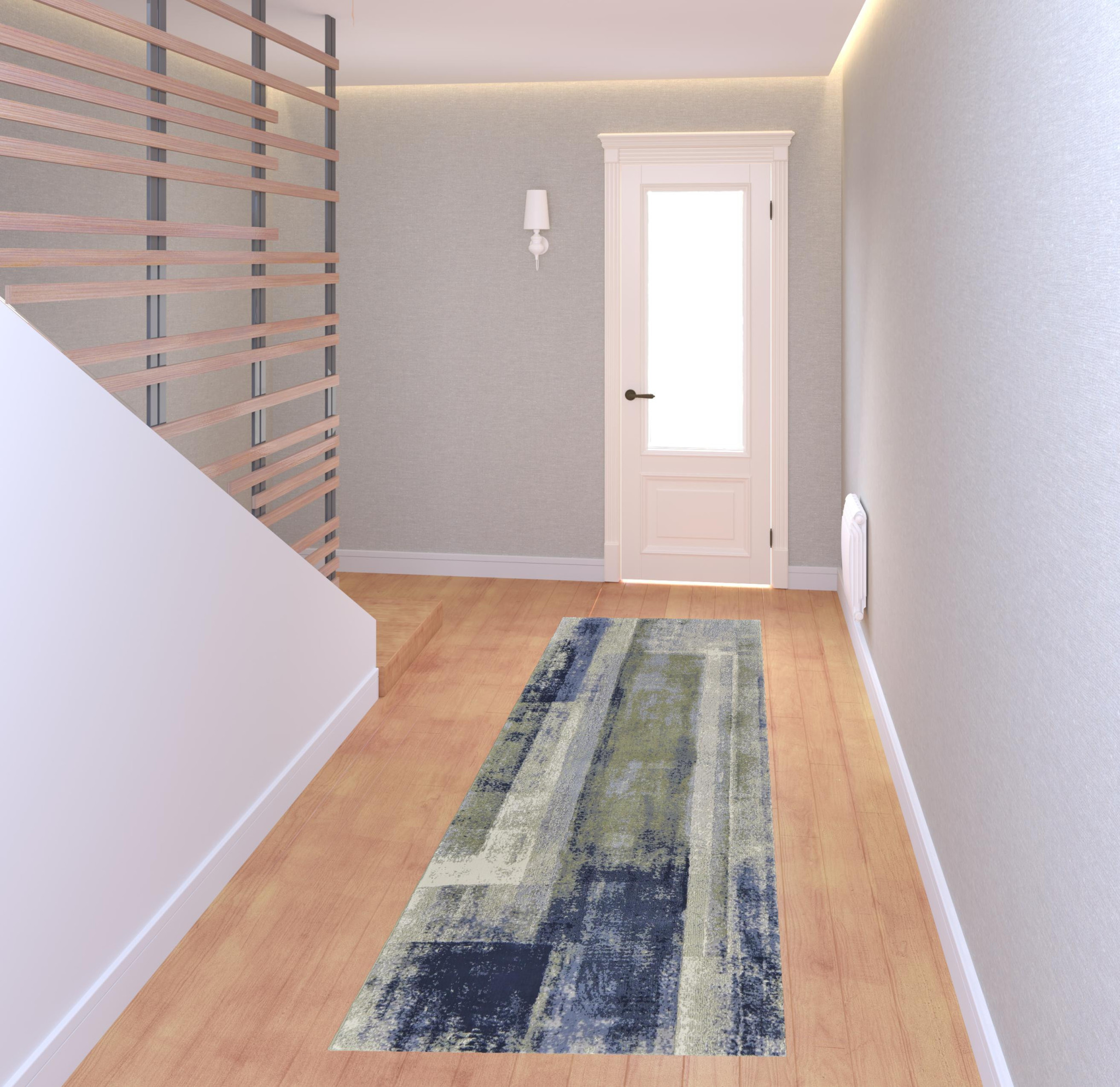 8" Blue Green And Ivory Abstract Power Loom Distressed Runner Rug