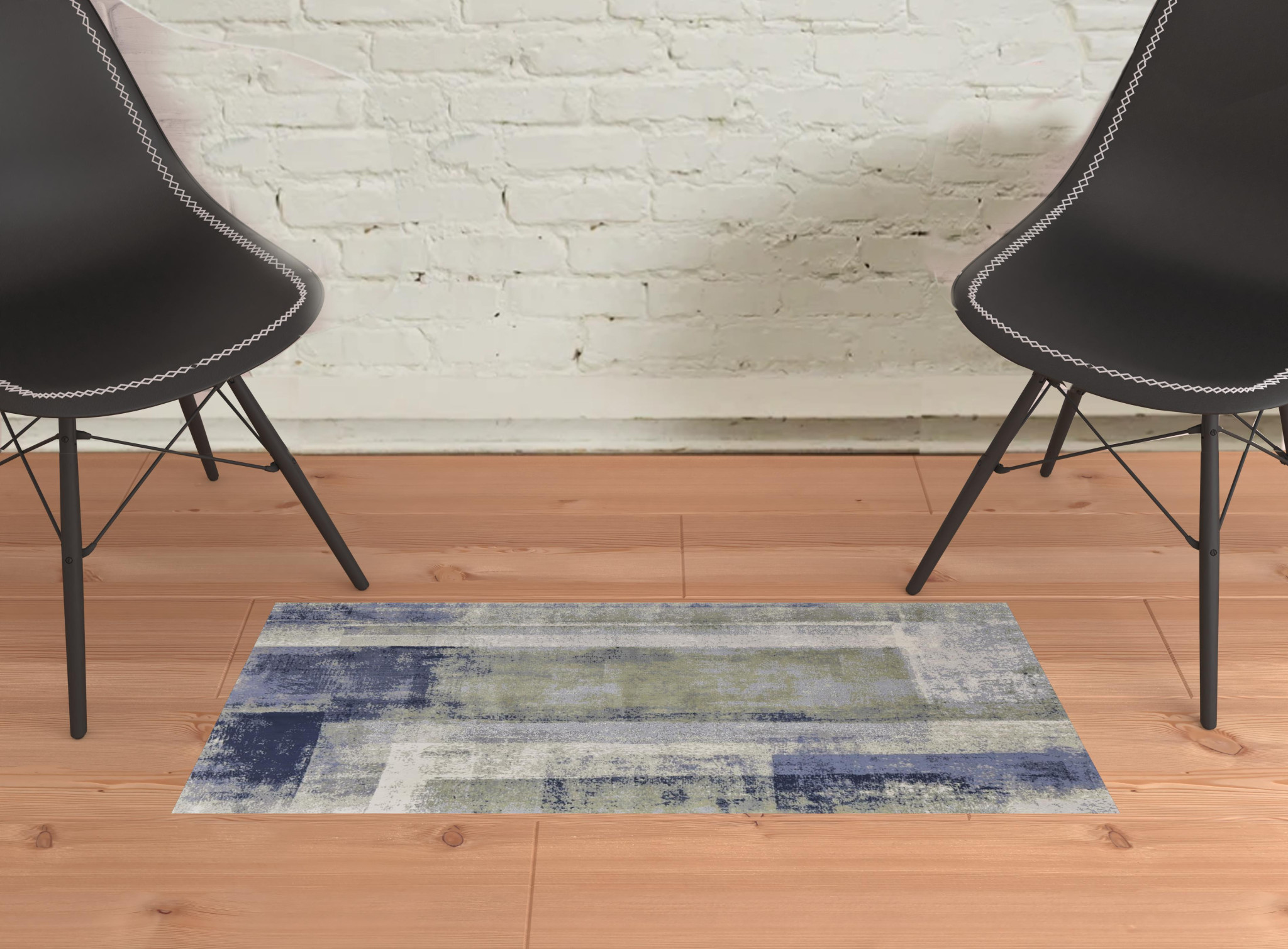 2" X 3" Blue Green And Ivory Abstract Power Loom Distressed Area Rug