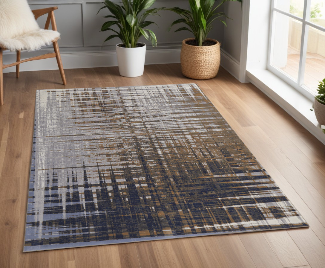 4" X 6" Blue and Gray Abstract Power Loom Area Rug