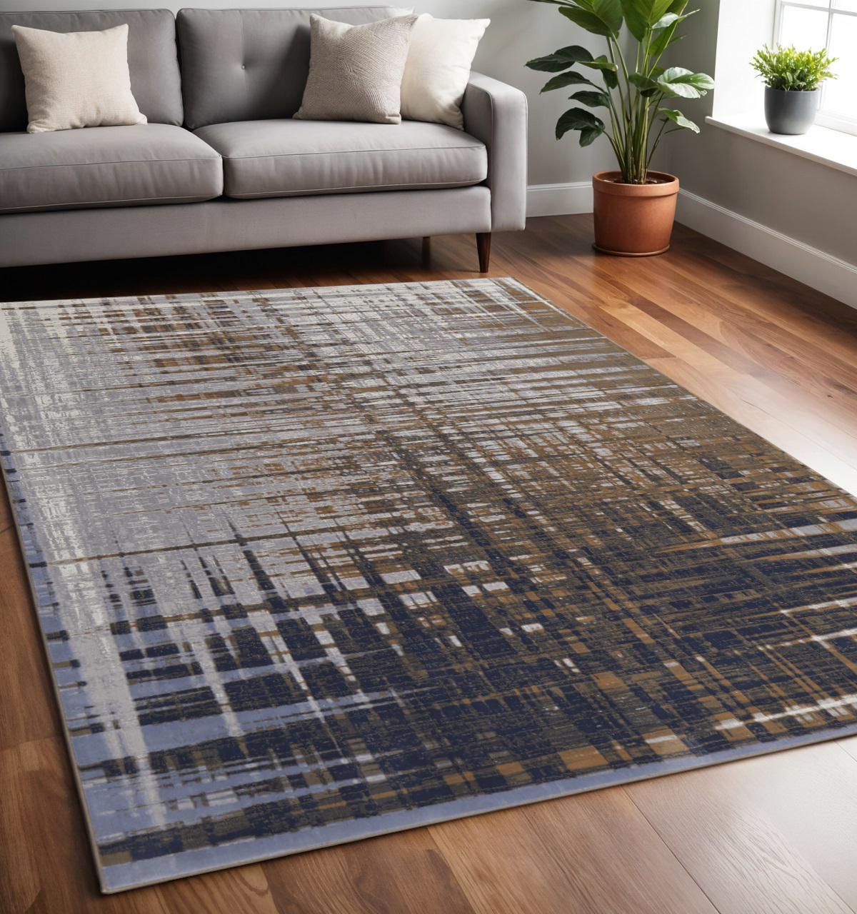 5" X 8" Blue and Gray Abstract Power Loom Area Rug