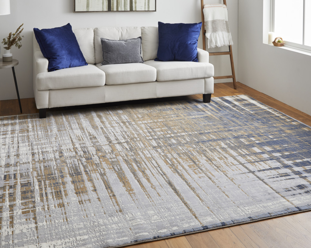9" X 12" Blue Orange And Gray Abstract Power Loom Area Rug