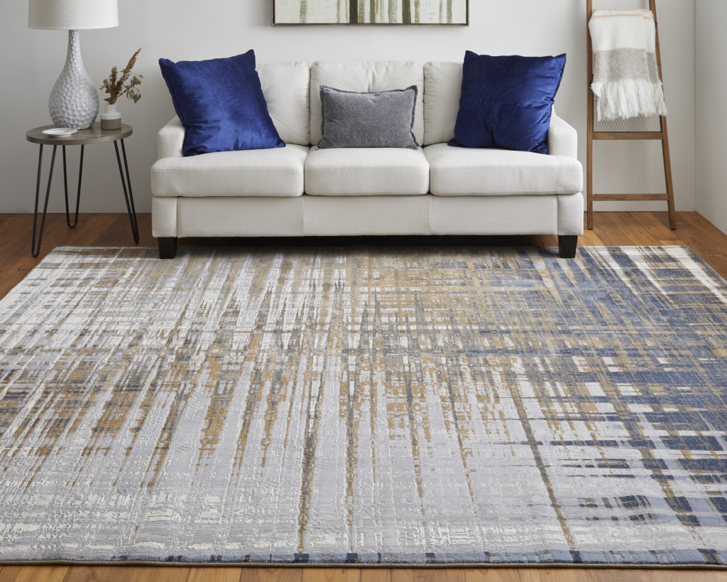 9" X 12" Blue Orange And Gray Abstract Power Loom Area Rug