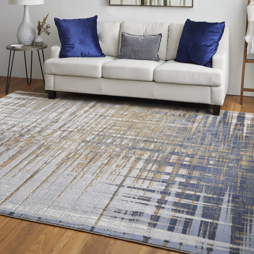 9" X 12" Blue Orange And Gray Abstract Power Loom Area Rug