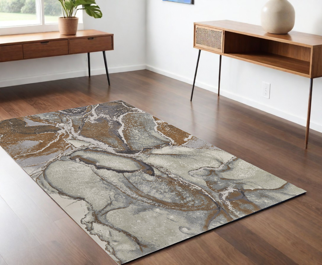 4" X 6" Gray and Brown Marble Power Loom Area Rug