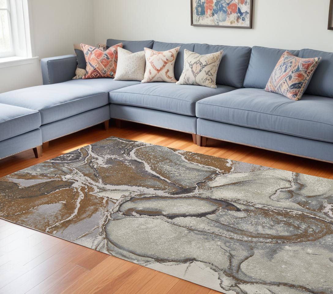 9" X 12" Gray and Brown Marble Power Loom Area Rug