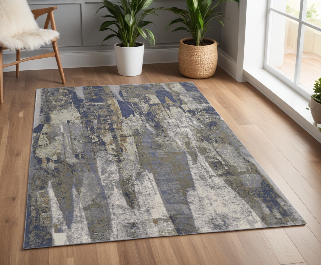 4" X 6" Blue and Gray Abstract Power Loom Distressed Area Rug