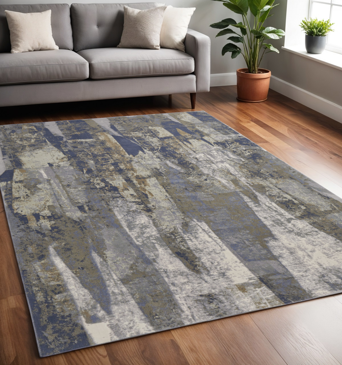 5" X 8" Blue and Gray Abstract Power Loom Distressed Area Rug