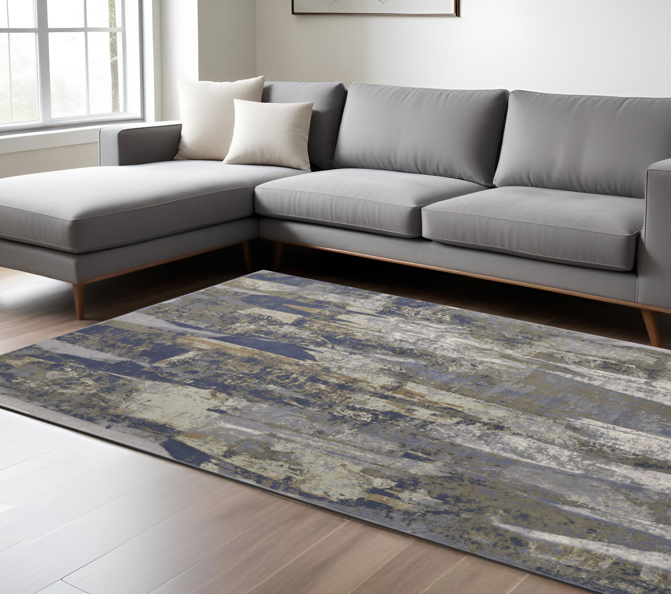 8" X 10" Blue and Gray Abstract Power Loom Distressed Area Rug
