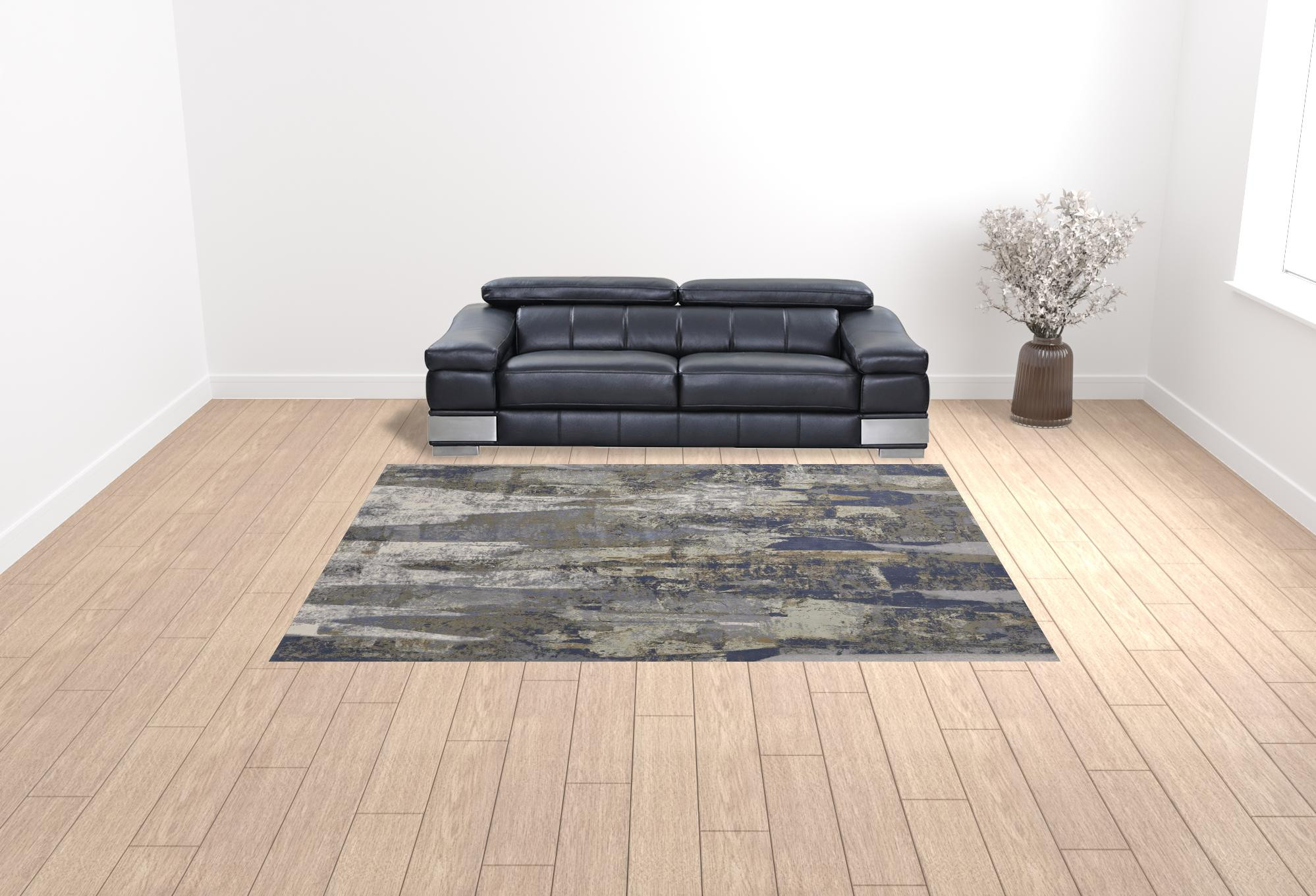 9" X 12" Blue Gray And Tan Abstract Power Loom Distressed Area Rug