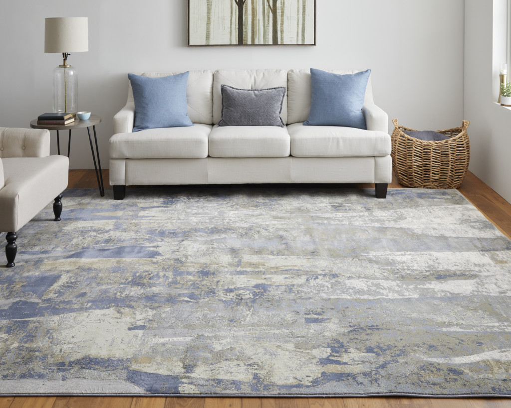 9" X 12" Blue Gray And Tan Abstract Power Loom Distressed Area Rug