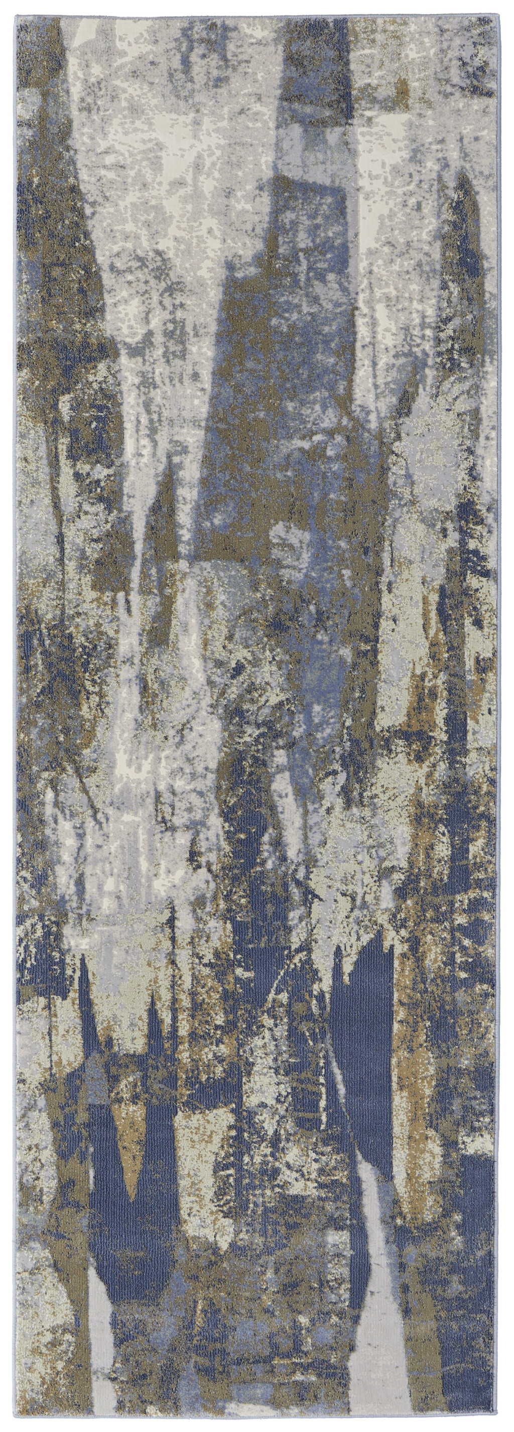 8" Blue Gray And Tan Abstract Power Loom Distressed Runner Rug