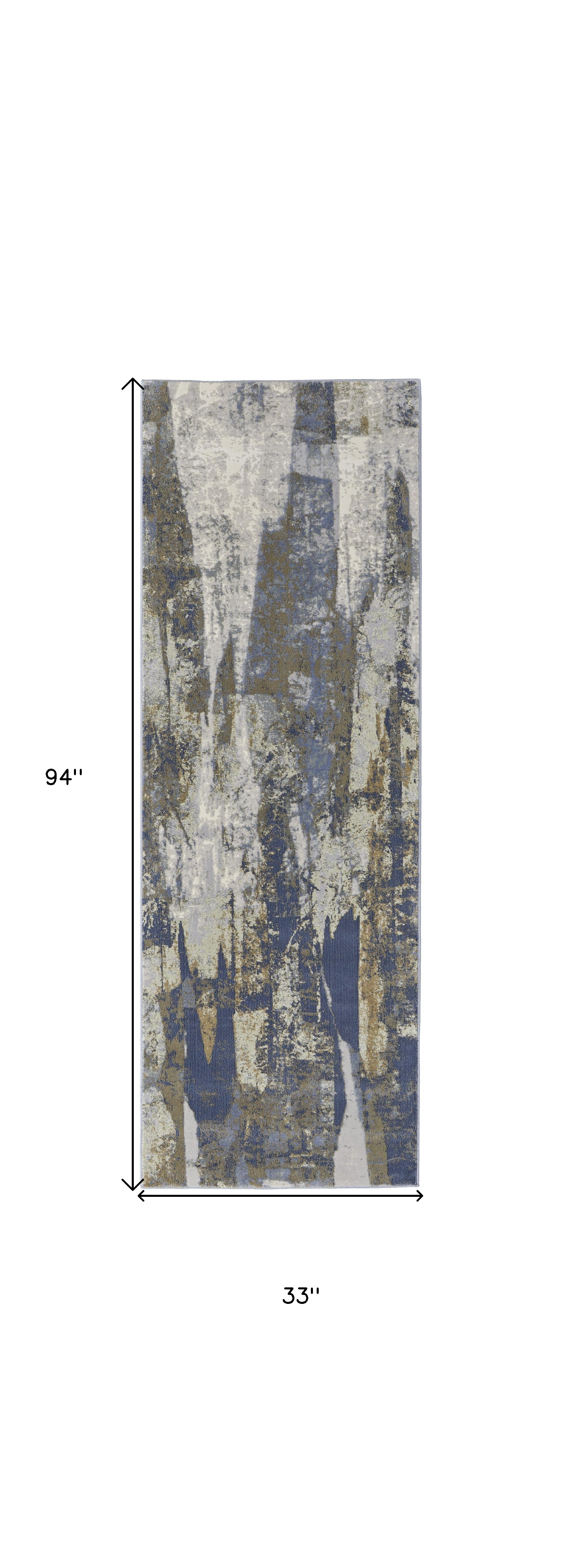 8" Blue Gray And Tan Abstract Power Loom Distressed Runner Rug