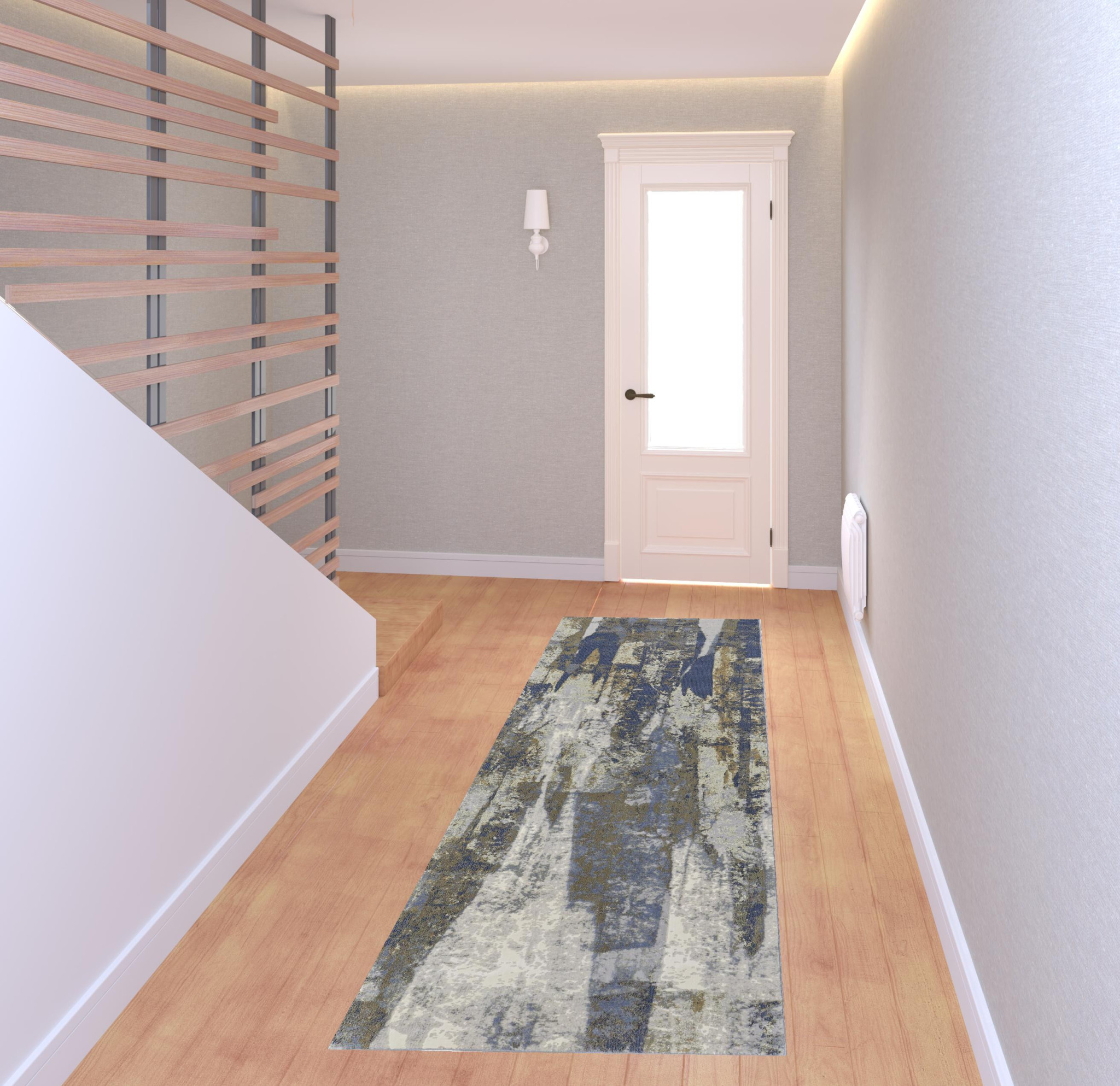8" Blue Gray And Tan Abstract Power Loom Distressed Runner Rug