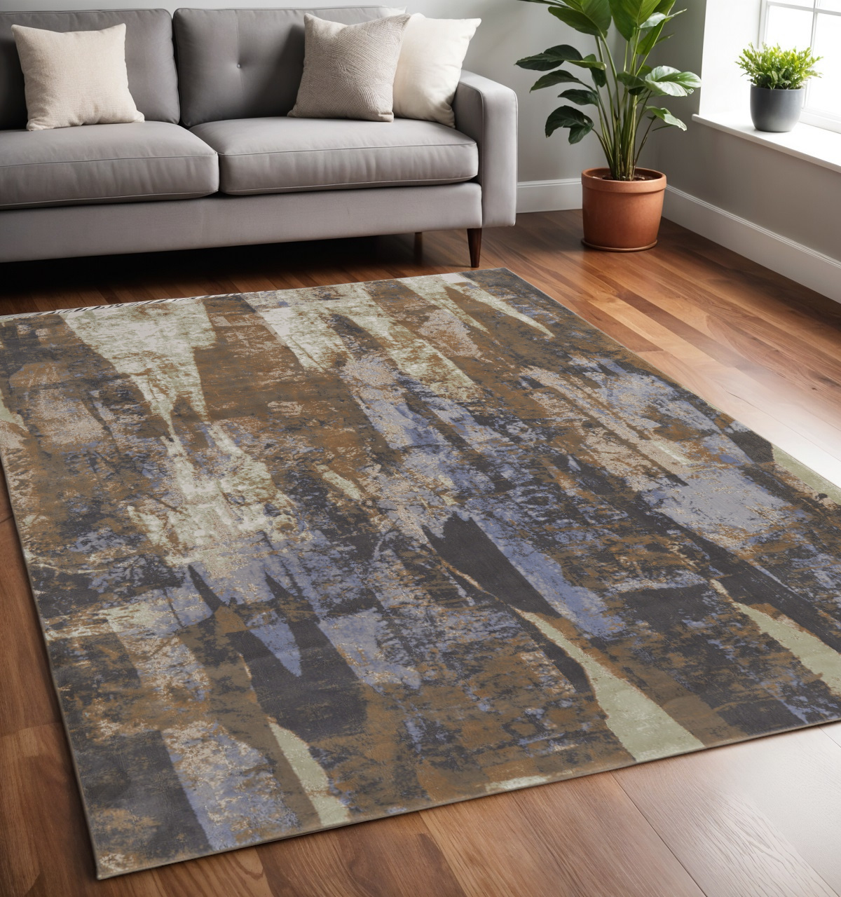 5' X 8' Blue and Ivory Abstract Power Loom Distressed Area Rug-513218-1