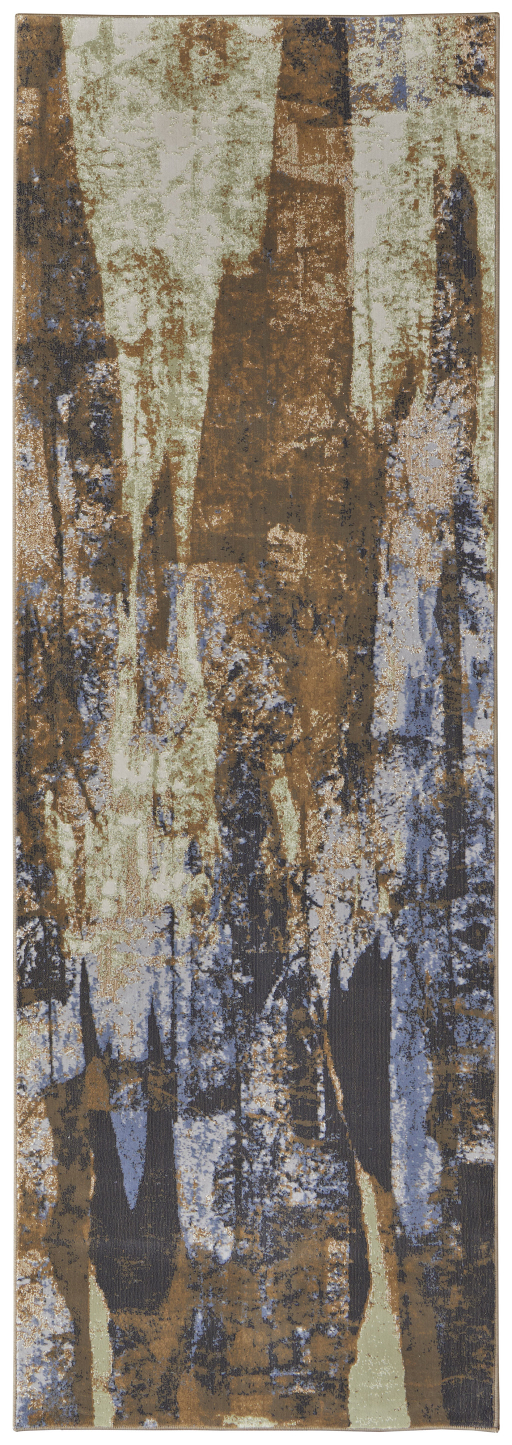 8" Brown Blue And Ivory Abstract Power Loom Distressed Runner Rug