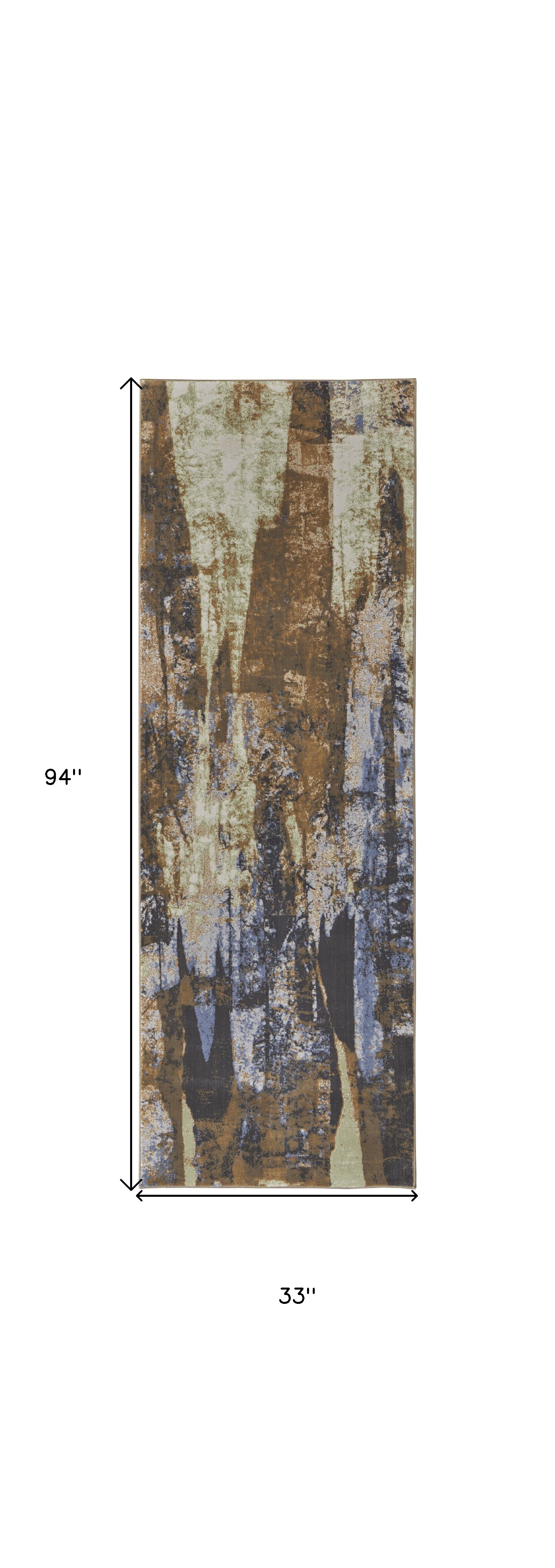 8" Brown Blue And Ivory Abstract Power Loom Distressed Runner Rug