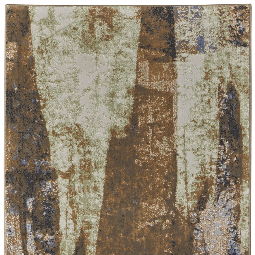 8" Brown Blue And Ivory Abstract Power Loom Distressed Runner Rug