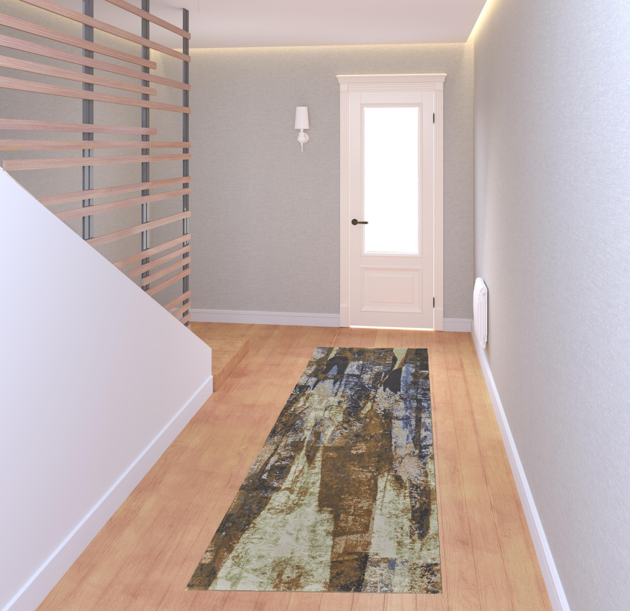 8" Brown Blue And Ivory Abstract Power Loom Distressed Runner Rug