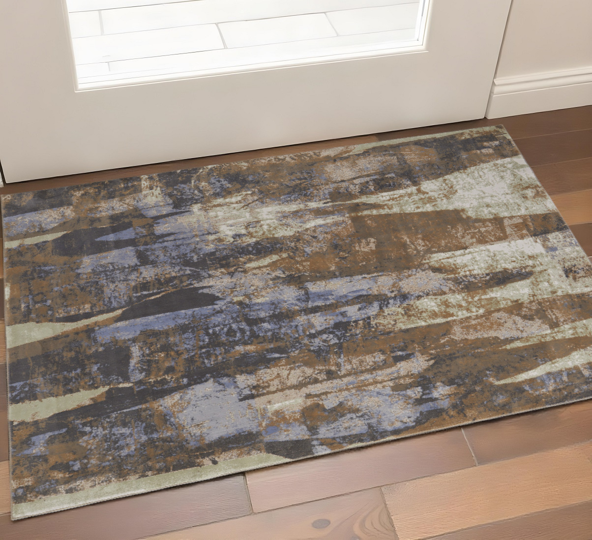 2' X 3' Brown Blue And Ivory Abstract Power Loom Distressed Area Rug-513224-1
