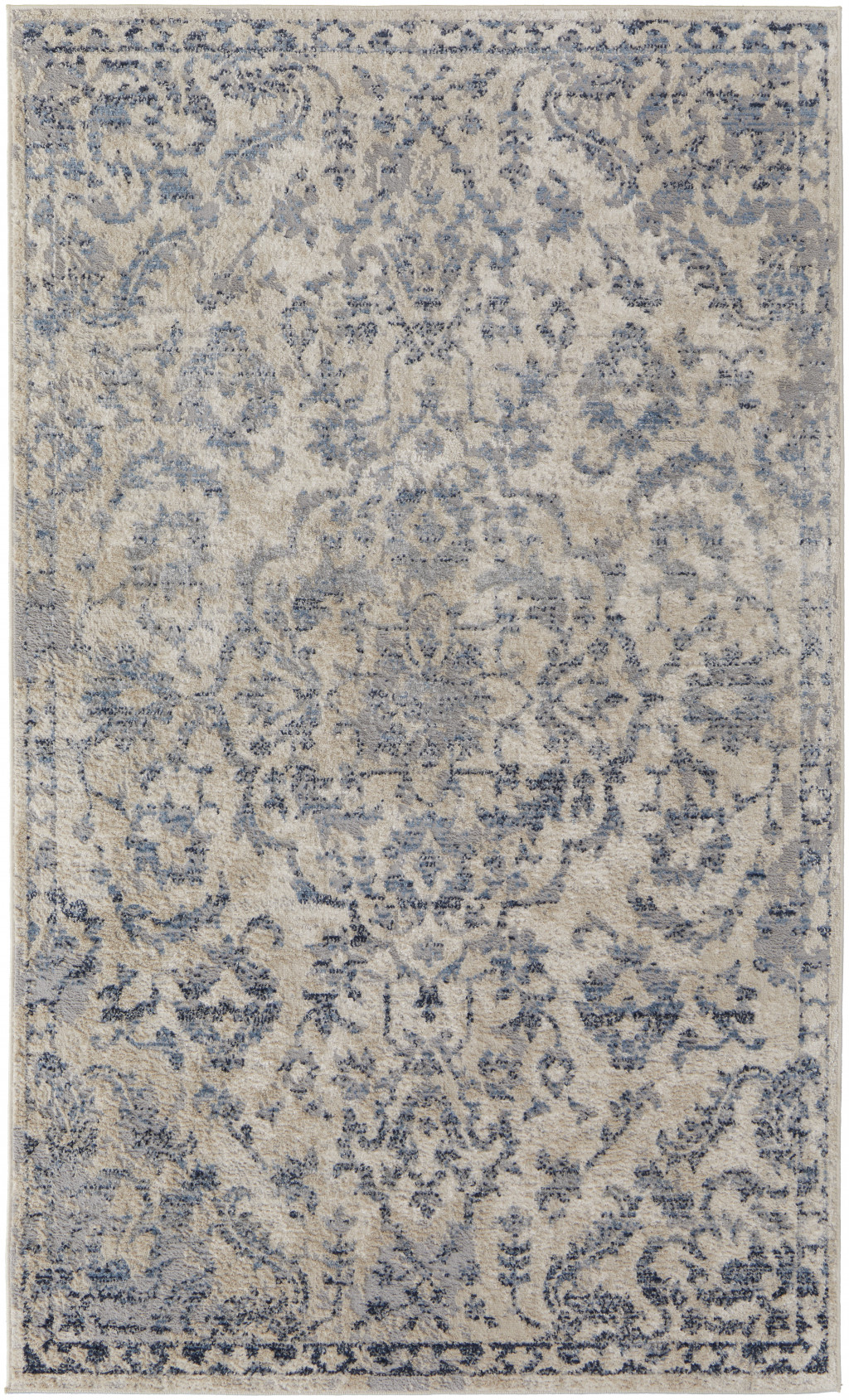 8' X 10' Blue Gray And Ivory Floral Power Loom Distressed Area Rug-513283-1