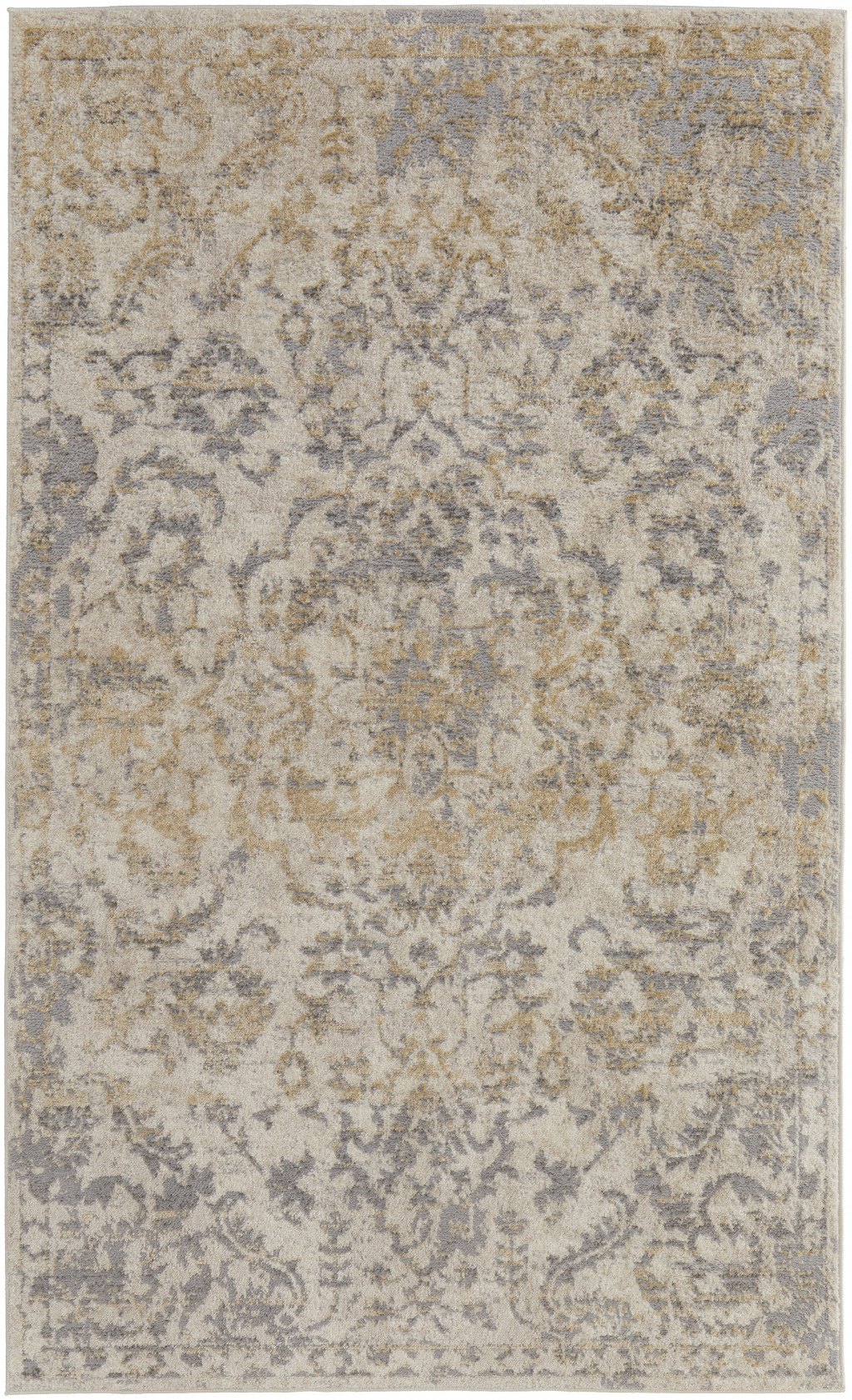 8' X 10' Gray Ivory And Gold Floral Power Loom Distressed Area Rug-513287-1