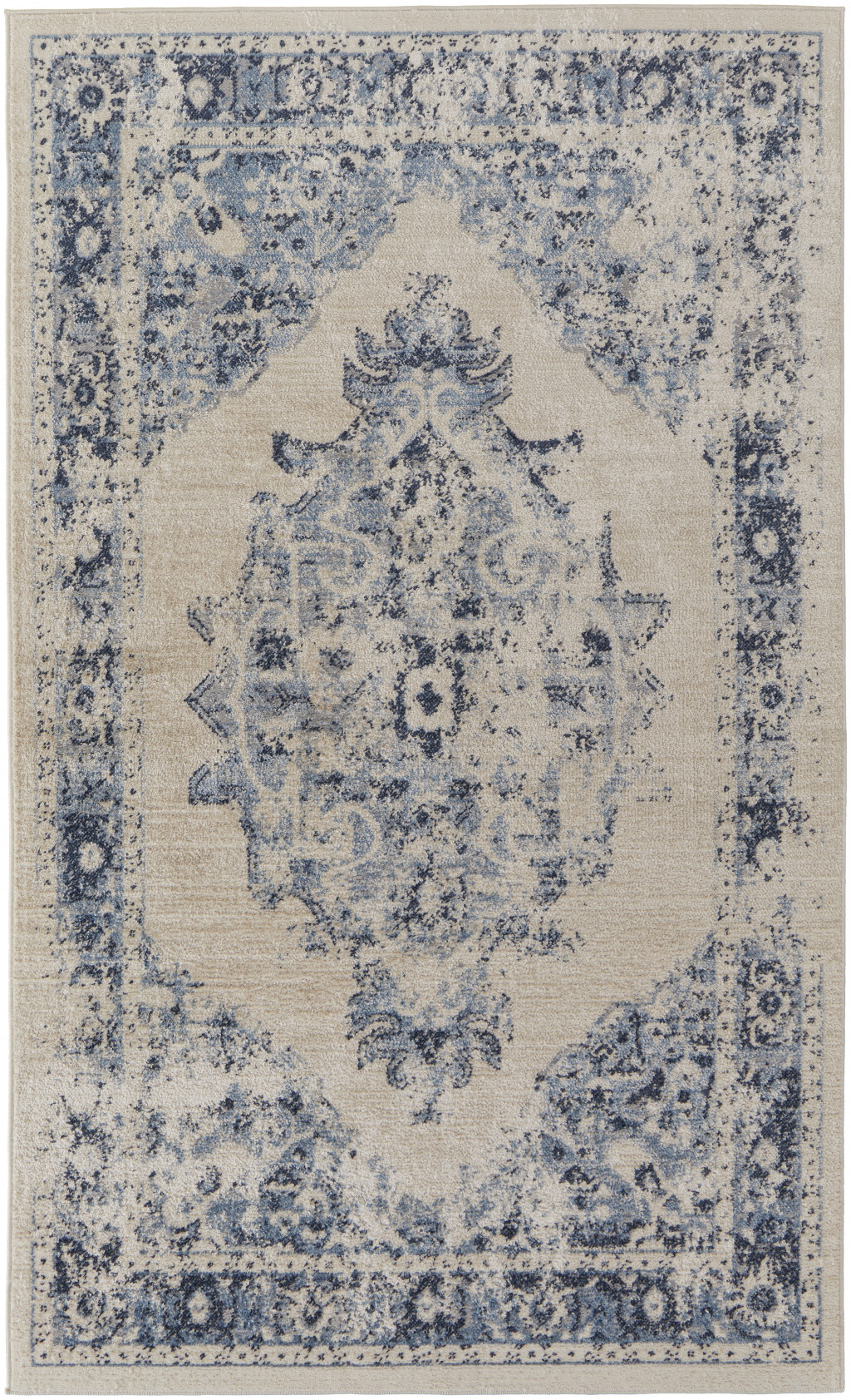 8' X 10' Ivory And Blue Floral Power Loom Distressed Area Rug-513307-1