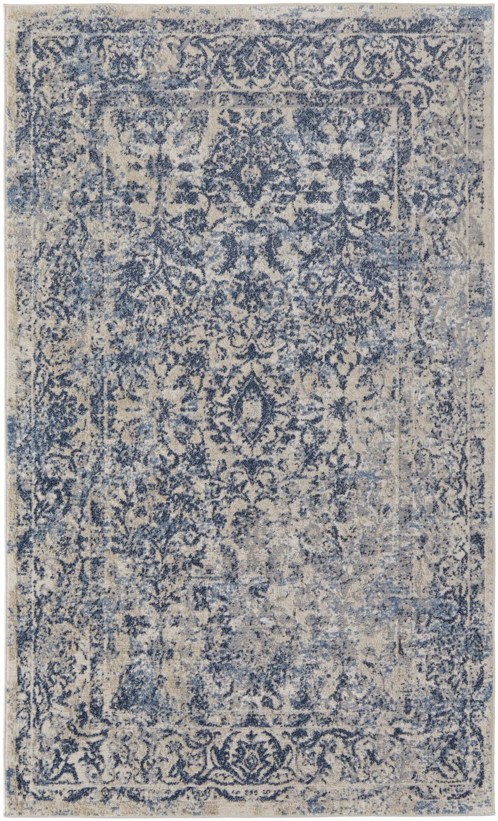 8' X 10' Blue And Ivory Floral Power Loom Distressed Area Rug-513315-1
