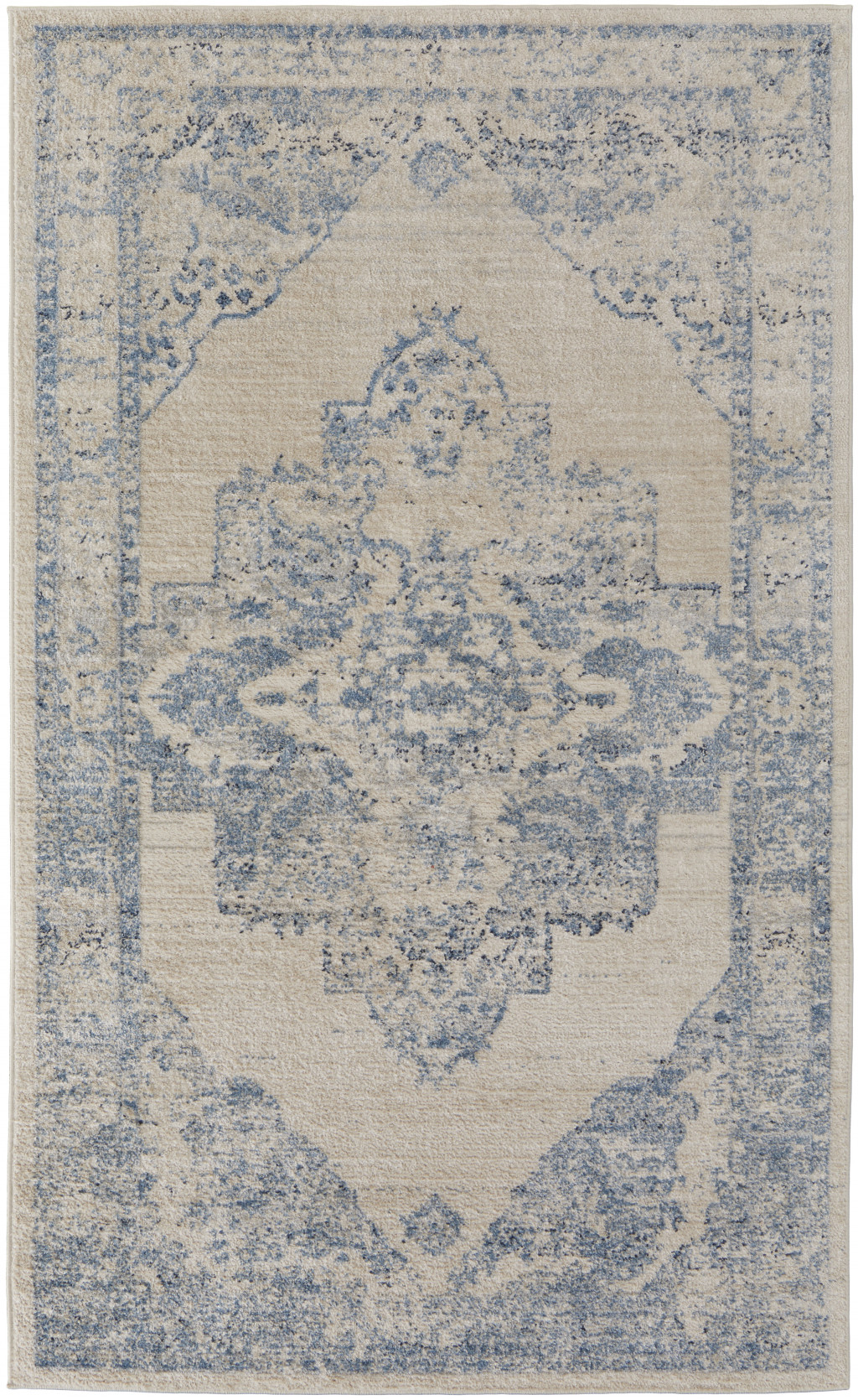 8' X 10' Blue And Ivory Floral Power Loom Distressed Area Rug-513323-1