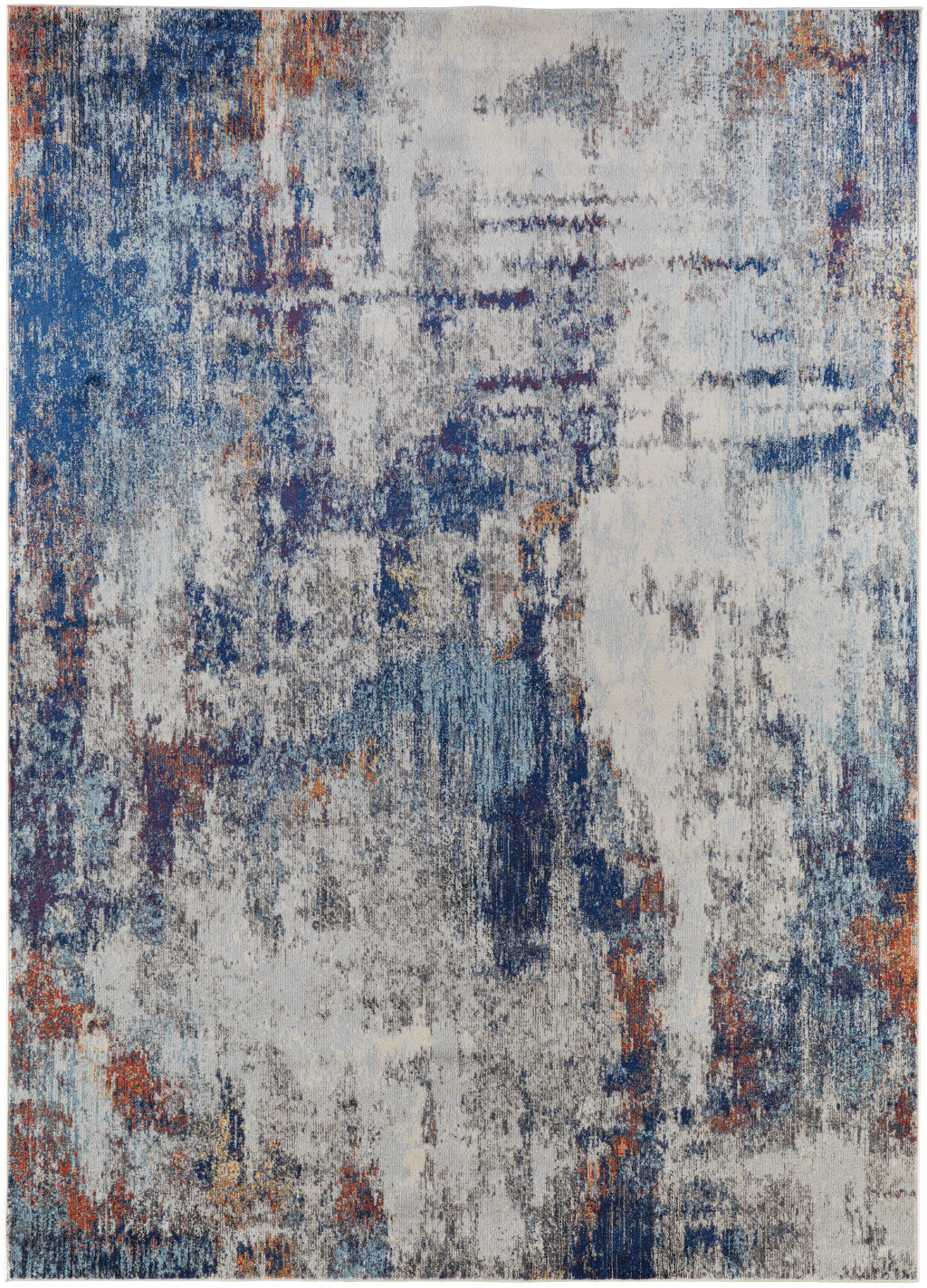 7' X 10' Ivory And Blue Abstract Power Loom Distressed Stain Resistant Area Rug-513505-1