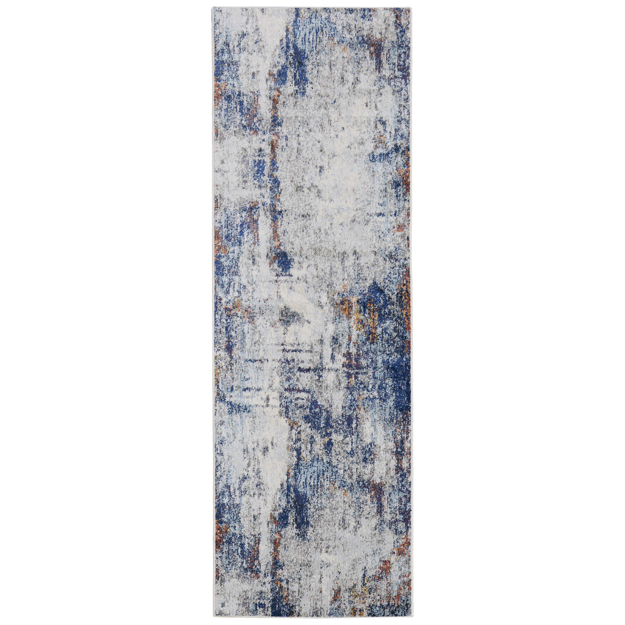 8' Ivory and Blue Abstract Power Loom Distressed Runner Rug-513509-1