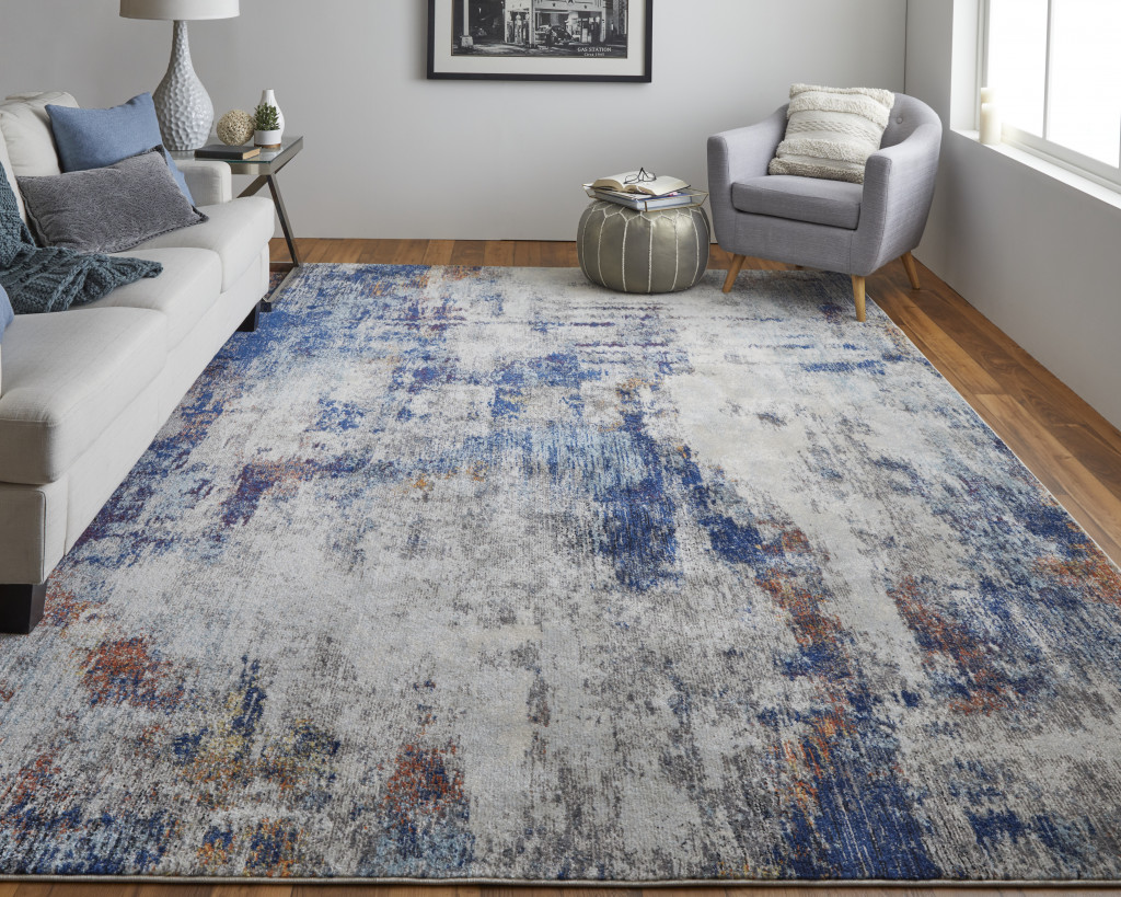 2' X 3' Ivory And Blue Abstract Power Loom Distressed Stain Resistant Area Rug-513512-2