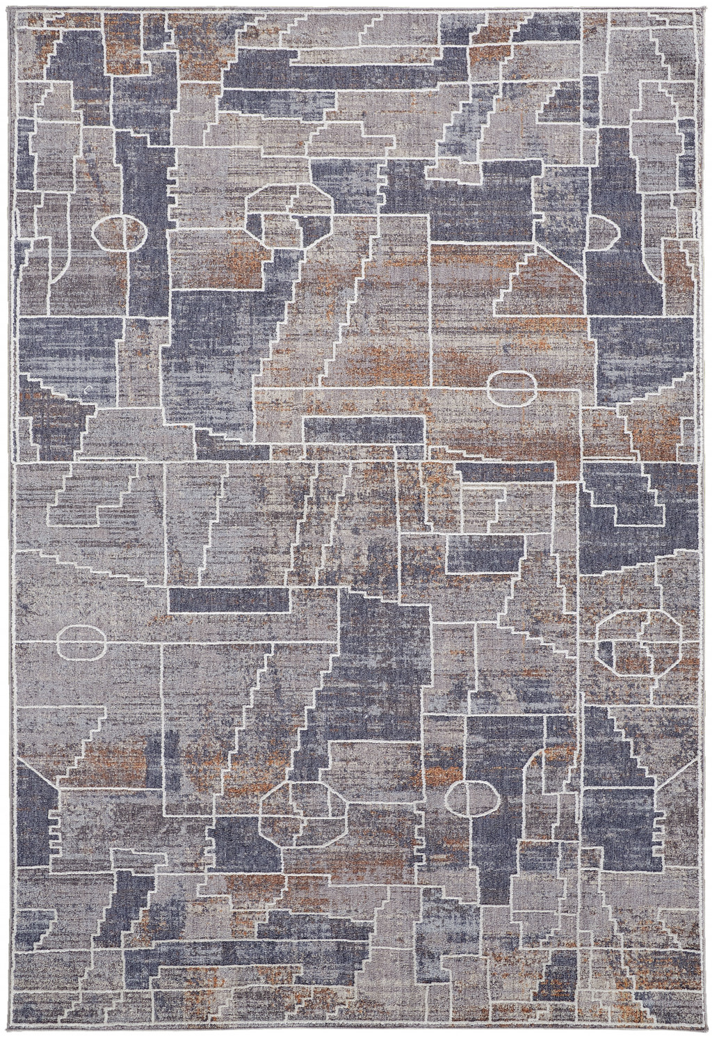 8' X 10' Blue Gray And Orange Geometric Power Loom Stain Resistant Area Rug-513690-1