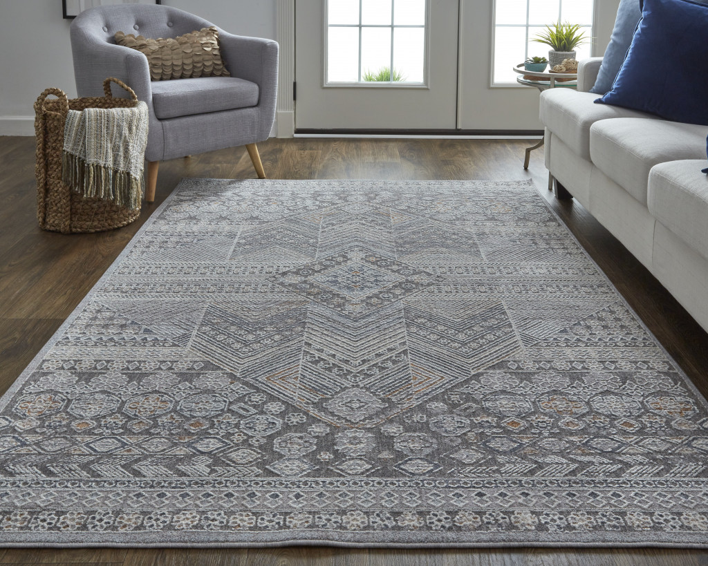 9' X 12' Ivory And Gray Geometric Power Loom Distressed Stain Resistant Area Rug-513755-2